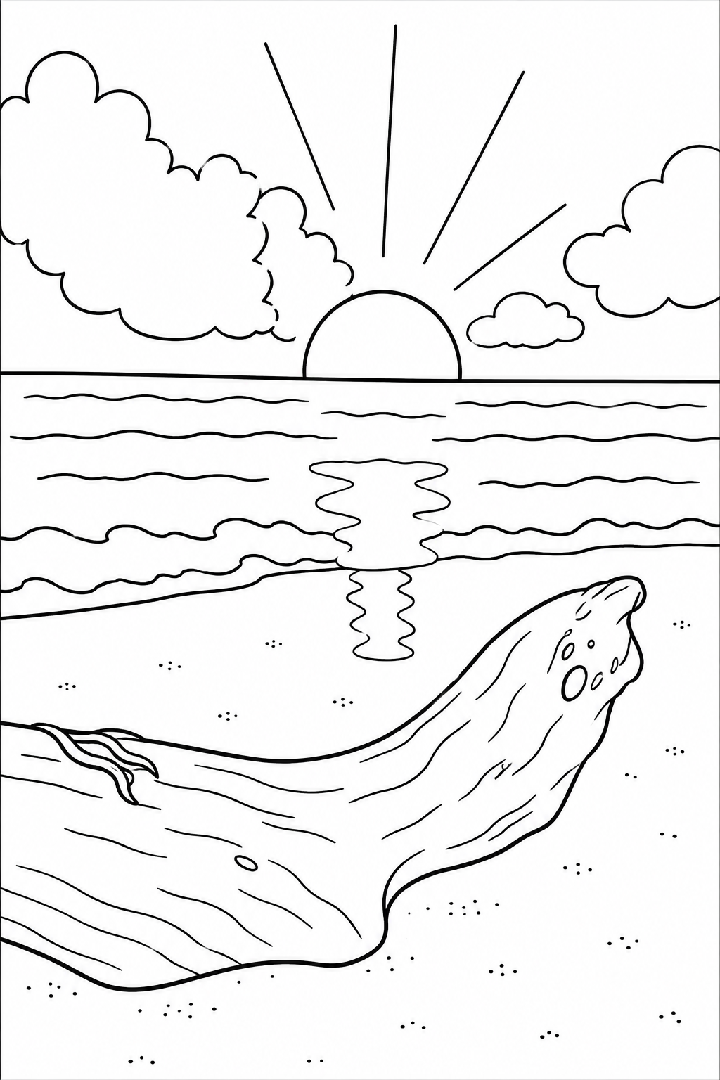 Beach Sunset with Driftwood Log Easy Colouring Page