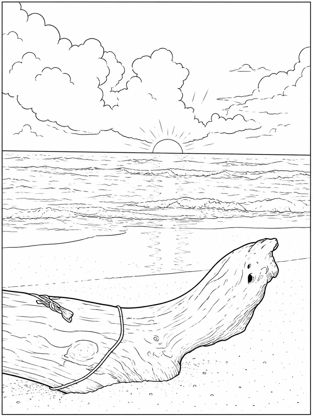 Beach Sunset with Driftwood Log Detailed Colouring Page