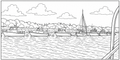 Harbour Scene with Anchored Boats Detailed Colouring Page