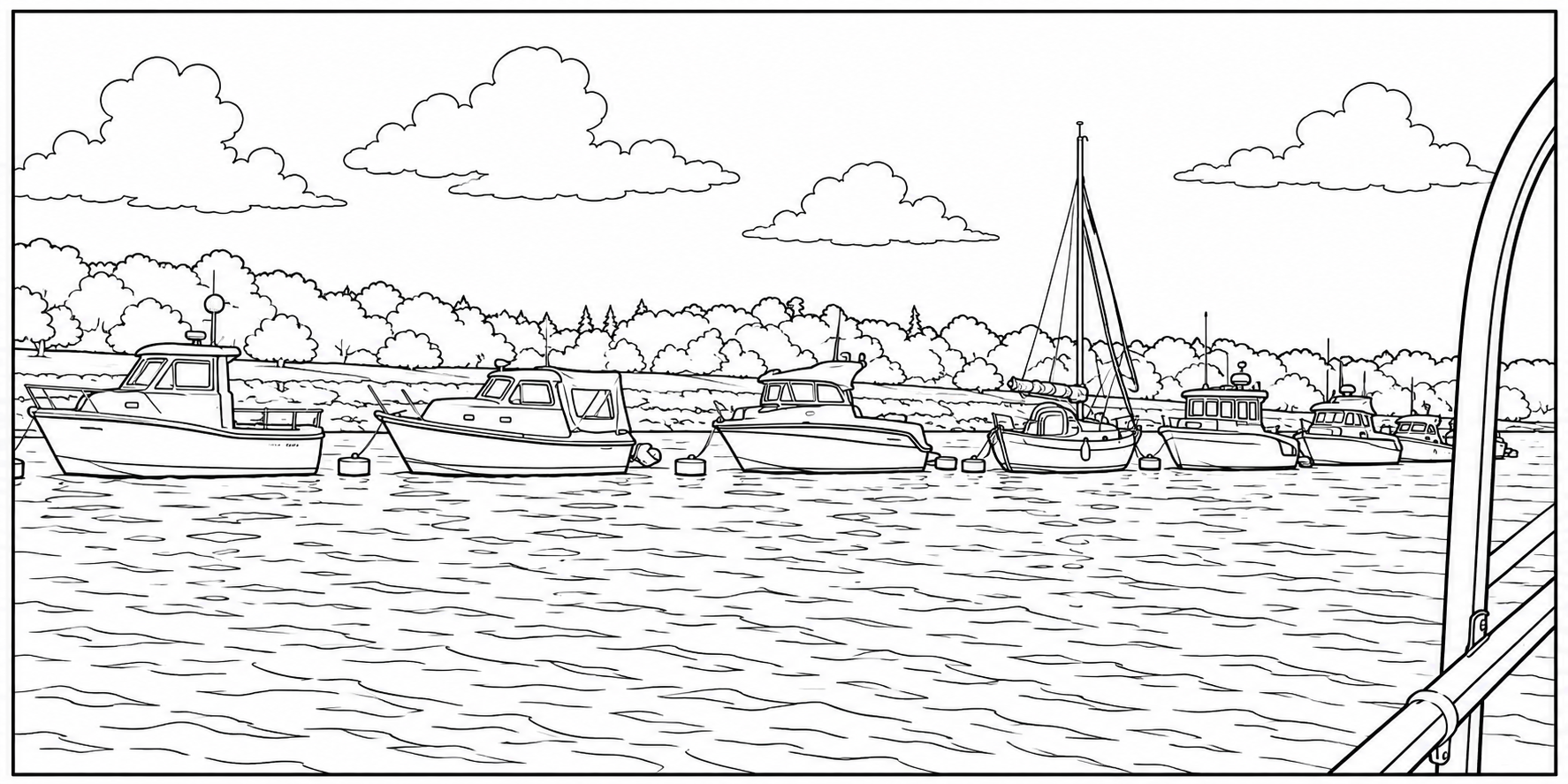Harbour Scene with Anchored Boats Detailed Colouring Page