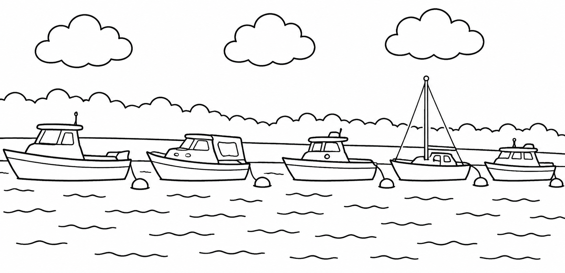 Harbour Scene with Anchored Boats Easy Colouring Page