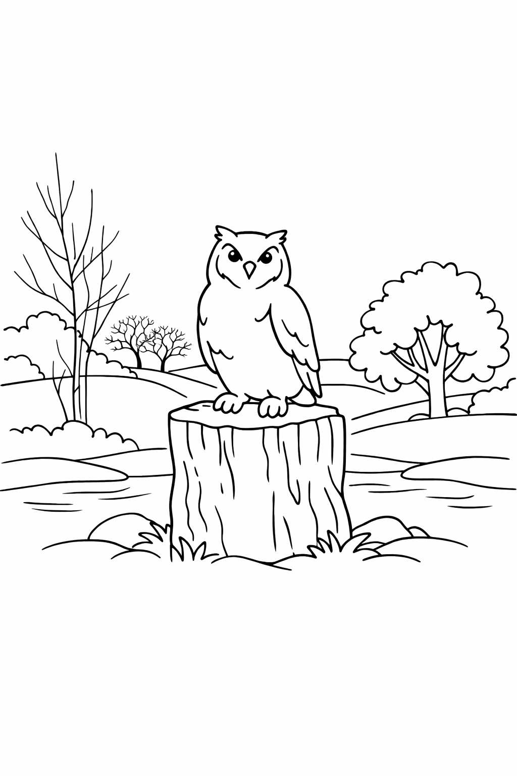 Owl Countryside Easy Colouring Page