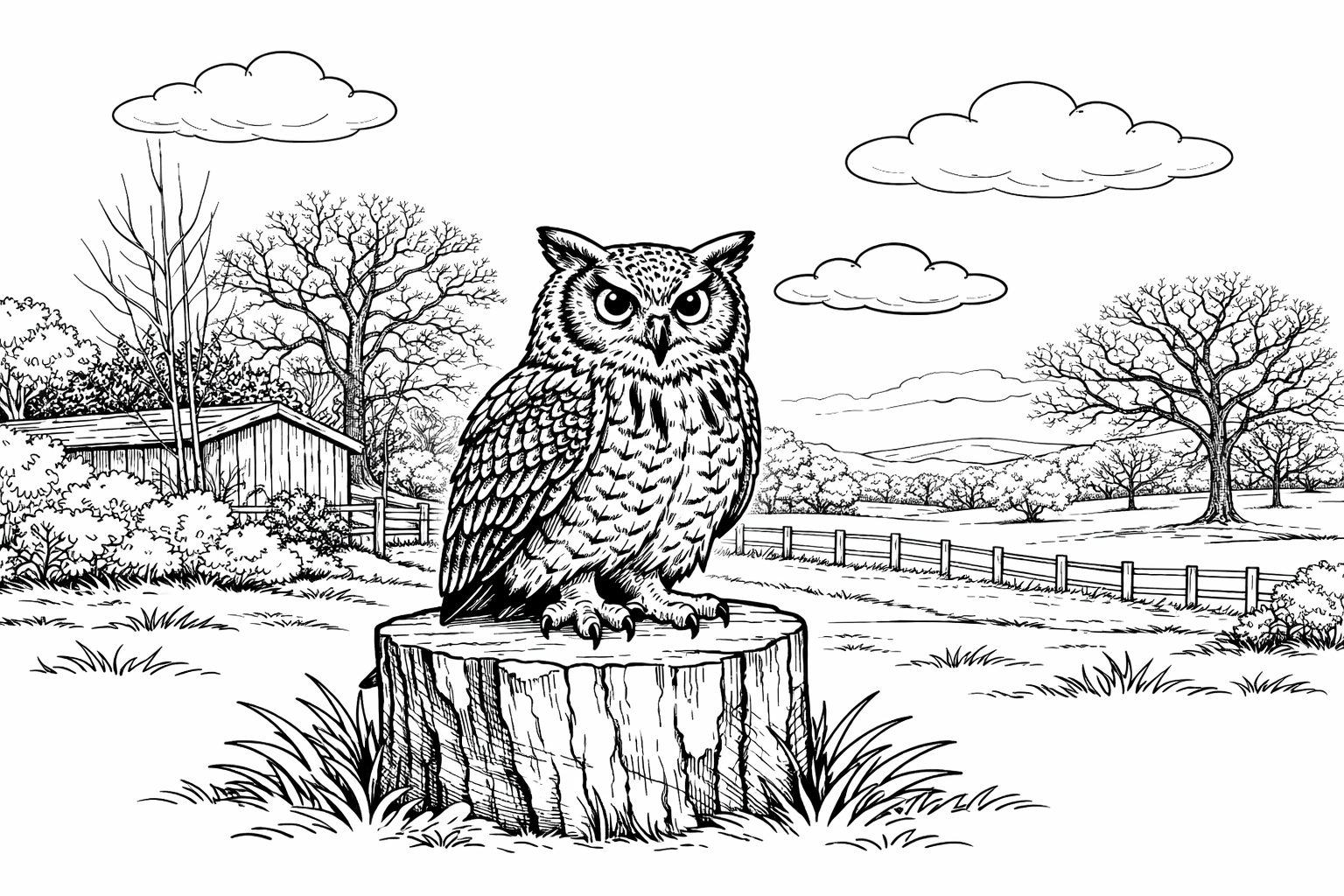 Owl Countryside Detailed Colouring Page