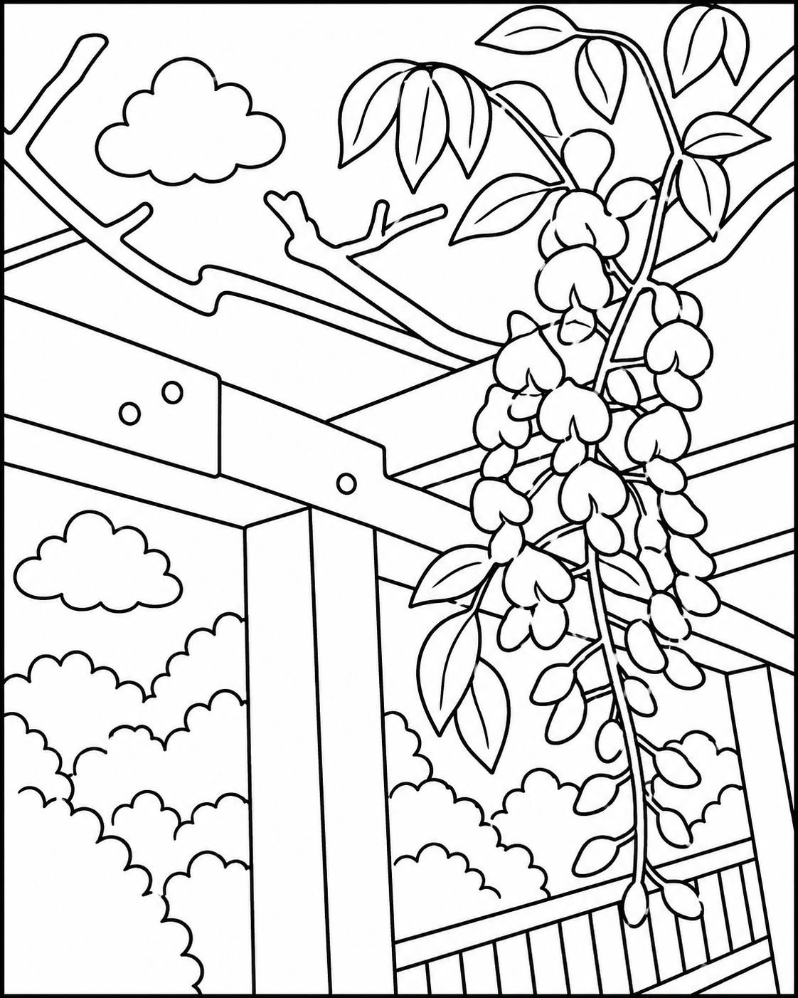 Pergola with Wisteria and Vines Easy Colouring Page