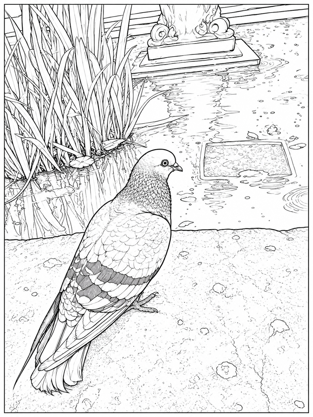 Pigeon by the Pond Detailed Colouring Page