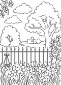 Spring Countryside with Daffodils and Ruin Easy Colouring Page