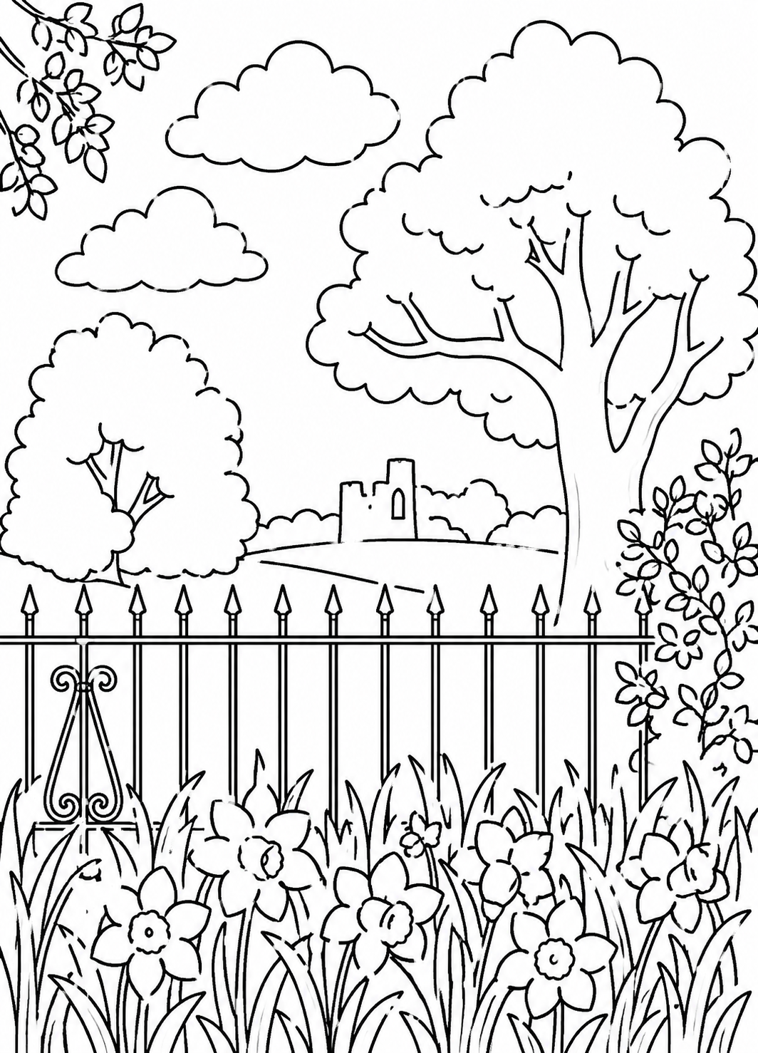 Spring Countryside with Daffodils and Ruin Easy Colouring Page