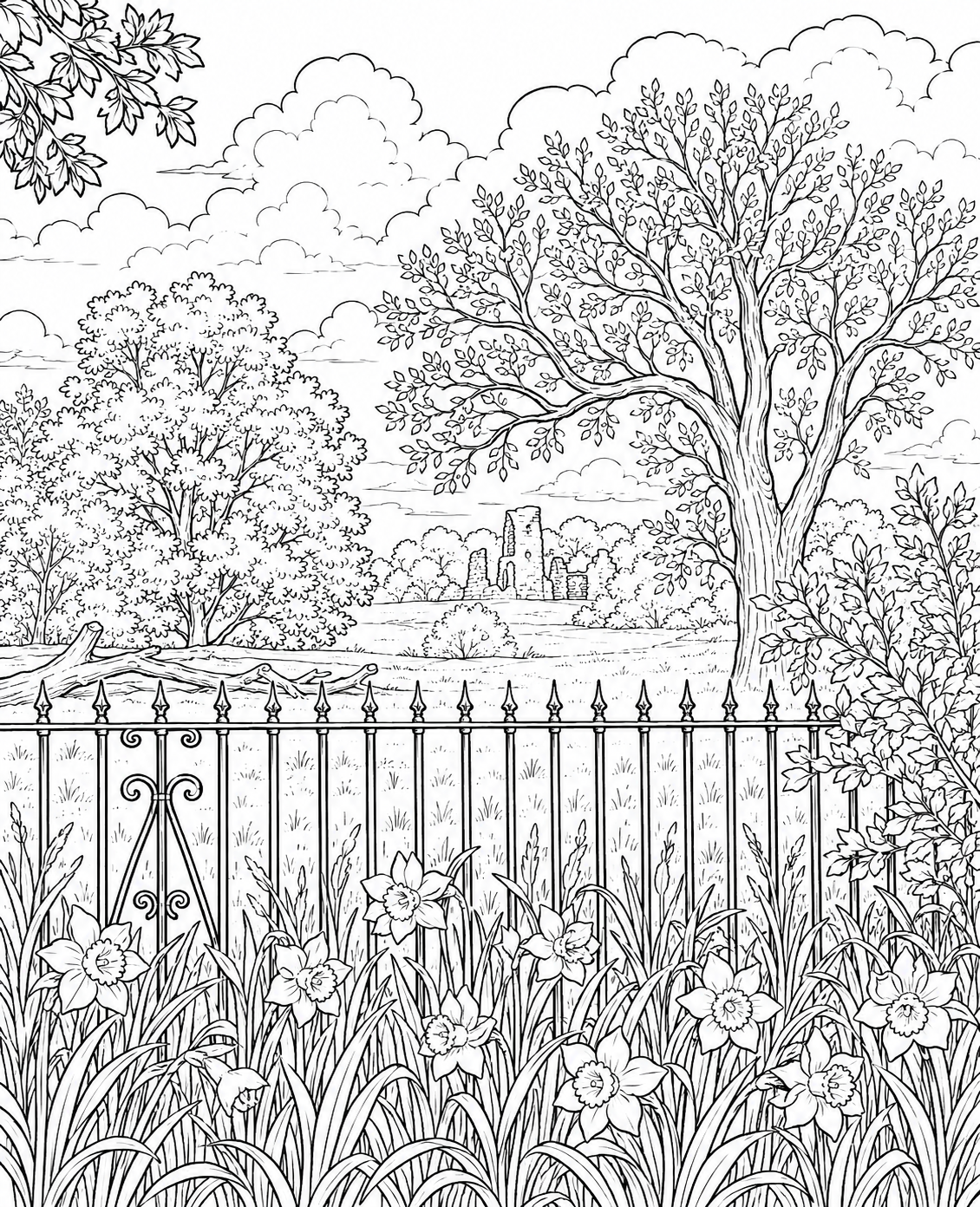 Spring Countryside with Daffodils and ruin