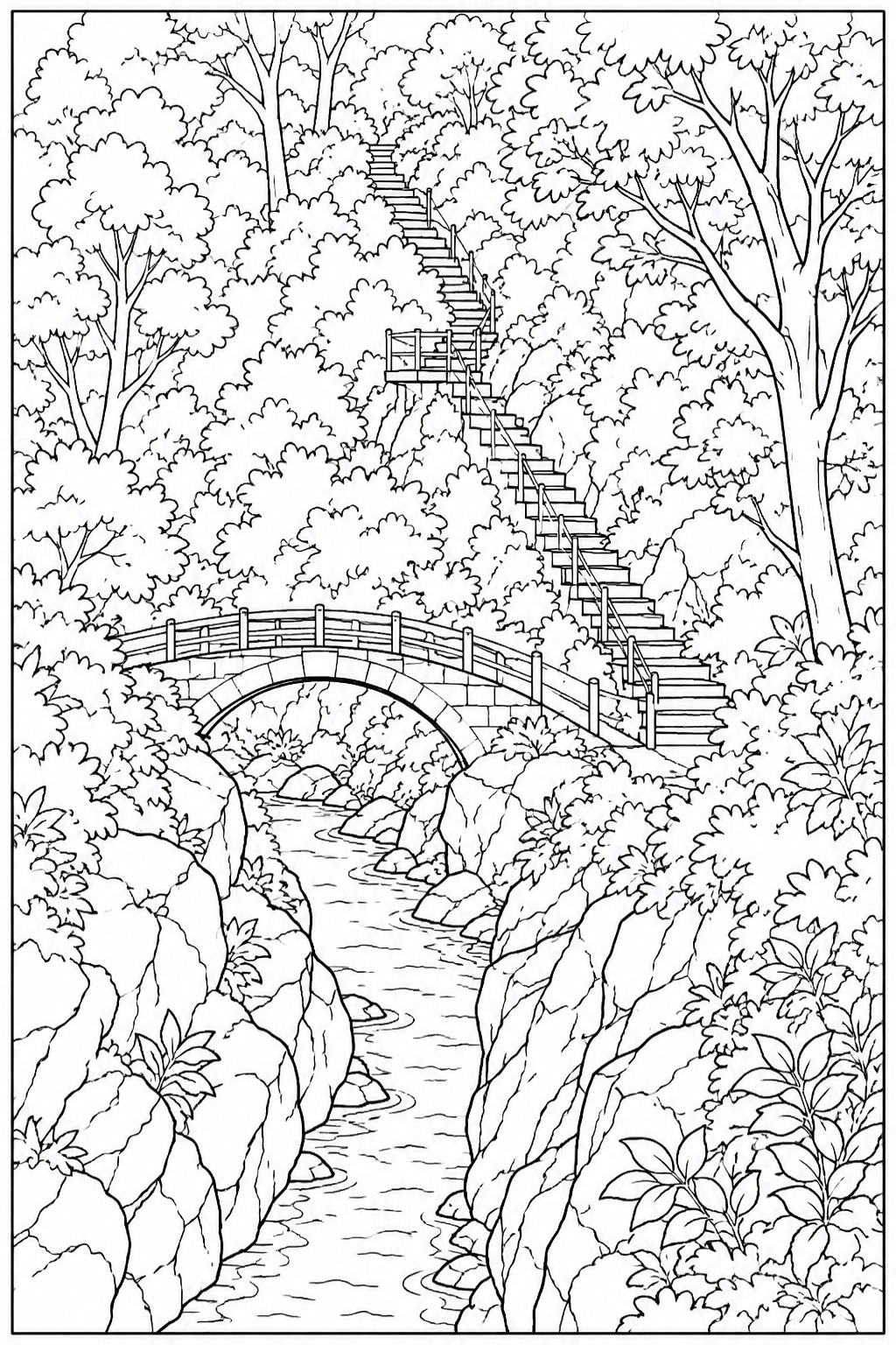 Stone Bridge over Rocky Gorge Detailed Colouring Page