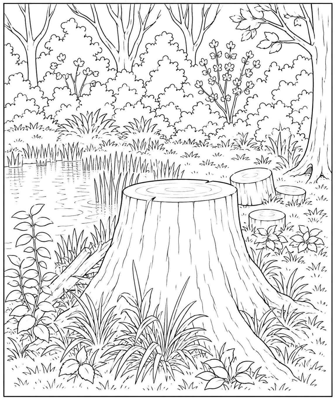 Woodland Pond with Tree Stumps Detailed Colouring Page