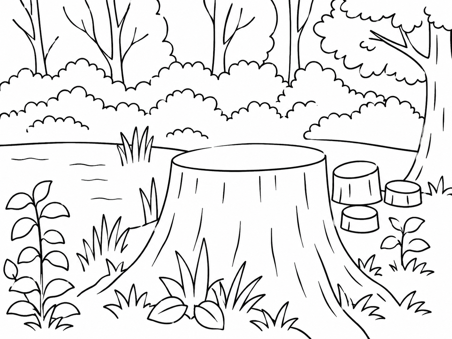 Woodland Pond with Tree Stumps Easy Colouring Page